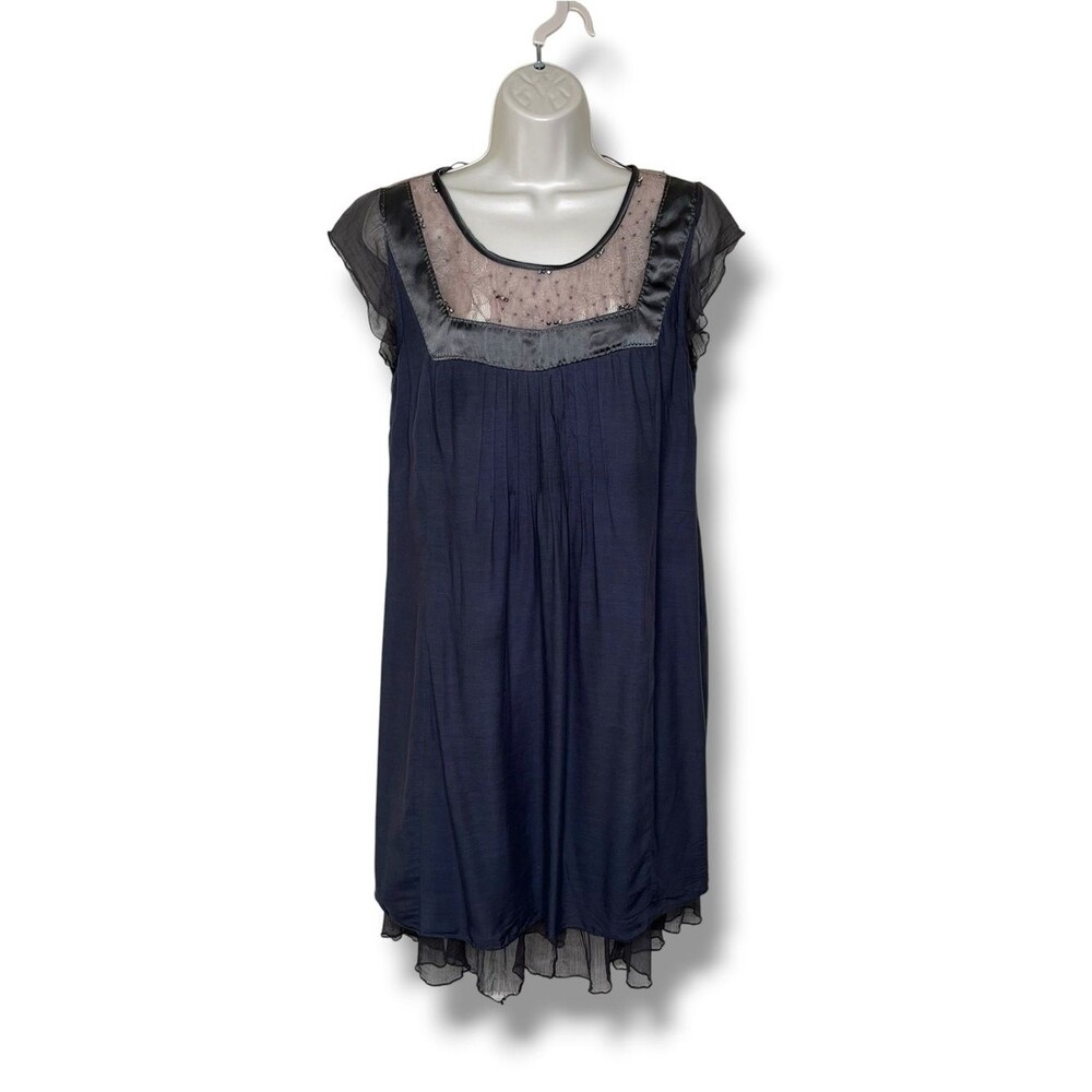 Dark Gray Beaded Sheer Lace Mesh Babydoll Dress Chiffon Ruffle Hem Size 40 READ